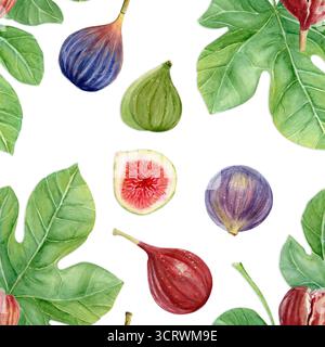 Figues et feuilles de figue motif aquarelle sans couture. Illustration botanique peinte à la main isolée sur blanc. Parfait pour les emballages alimentaires, les impressions de cuisine Banque D'Images