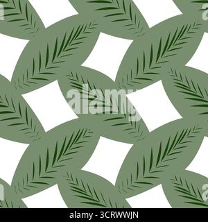 Modèle vectoriel sans couture de frondes de palmier stylisées en vert foncé sur un fond vert sauge avec des formes de diamant blanc. Illustration de Vecteur