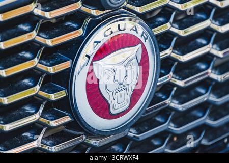 Logo Jaguar à l'avant d'une voiture garée à l'extérieur de la concession Banque D'Images