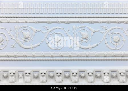 Décoration en plâtre blanc complexe avec vignes florales défilantes et rosettes serties sur un mur bleu pâle, avec frises superposées et décoratif Banque D'Images