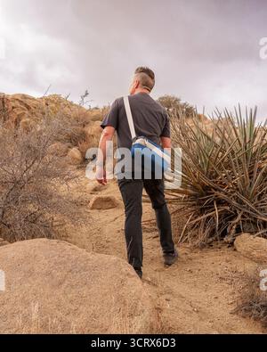 Homme randonnée et regarder dans la distance avec sac de caméra Sling dans le désert avec des yuccas et des rochers. Copier l'espace. Parc national de Joshua Tree, Californie. Banque D'Images