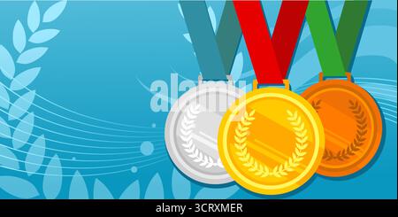 Médailles de sport d'or, d'argent et de bronze avec ruban sur fond bleu Illustration de Vecteur