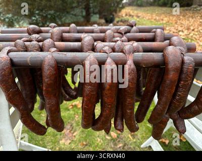 Les saucisses fumées pendent en rangées sur un support en bois, séchant dans l'air frais de l'automne. Les feuilles recouvrent le sol et les arbres créent un cadre rural serein pour th Banque D'Images