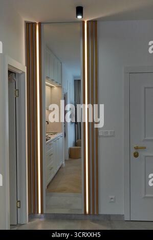 Design moderne du couloir avec miroir élégant et éclairage intégré dans une maison contemporaine Banque D'Images