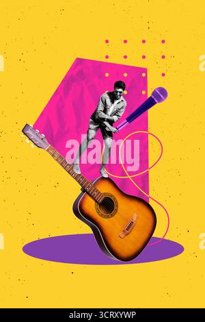Collage d'œuvres d'art de conception d'image d'esquisse composite de jeune homme stand guitare instrument microphone clubber loisirs week-end divertissement d'événement Banque D'Images
