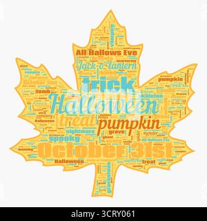 Nuage de mots d'Halloween dans la feuille d'érable d'automne avec Trick Treat et thème de citrouille Banque D'Images