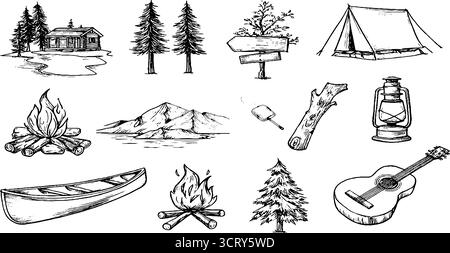 Icônes de doodle dessinées à la main ensemble d'éléments de cabine, de forêt et de camping pour la conception d'aventure en plein air. Illustration de Vecteur