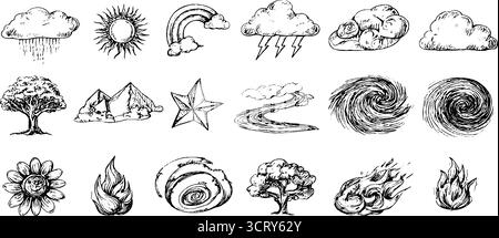 Charmant ensemble d'icônes de doodle dessiné à la main mettant en vedette des nuages, des arcs-en-ciel, des étoiles et des éléments de la nature pour un design créatif. Illustration de Vecteur