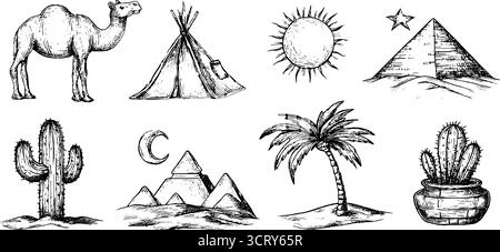 Icônes de doodle dessinées à la main ensemble de thèmes de désert mettant en vedette cactus, chameau, et plus encore pour les projets de conception. Illustration de Vecteur