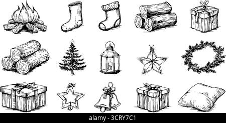 Collection d'icônes de doodle dessinées à la main avec cheminée, bûches, arbre de noël et décoration des fêtes. Illustration de Vecteur