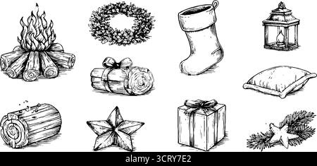 Ensemble d'icônes d'hiver confortables : cheminée, flamme, bûches, décor de vacances. Illustration de Vecteur