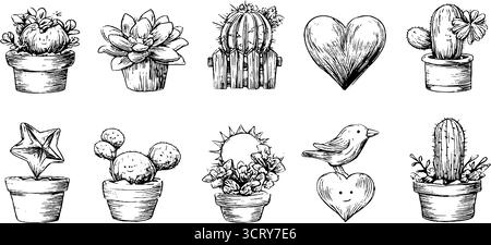 Icônes de doodle dessinées à la main ensemble de thèmes de cactus, de cœur et d'oiseau pour un design créatif. Illustration de Vecteur