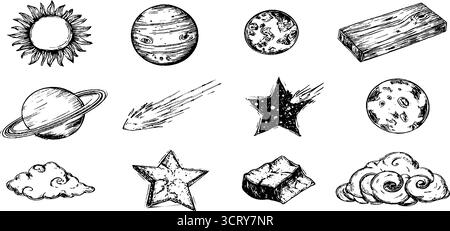Ensemble d'icônes de doodle dessinées à la main avec planète, lune, soleil pour des motifs cosmiques. Illustration de Vecteur