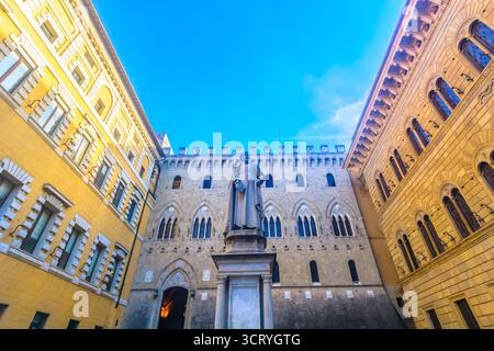 Image HDR de la place populaire du centre-ville à Sienne, montrant les bâtiments médiévaux historiques et l'architecture, en Toscane, Italie, destination de voyage européenne Banque D'Images
