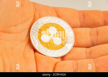 Image en gros plan d'une main tenant un jeton de pièce de monnaie Tether physique, avec le symbole Bitcoin sur son visage et représentant peut-être un objet de collection ou un pro Banque D'Images