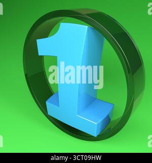 Numéro un dans un cercle de verre, sur fond vert - illustration de rendu 3D. Banque D'Images