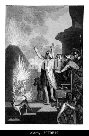 Illustration des trois Hébreux Mesach, Shadrach et Abed-Nego dans le four ardent après avoir refusé de s'incliner et d'adorer l'idole d'or du roi Ki Banque D'Images