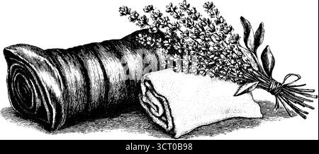 Illustration gravée vintage de paquet de lavande avec des rouleaux de tissu pour le design rétro. Illustration de Vecteur