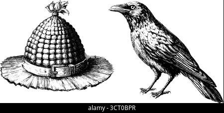 Ensemble d'illustration gravé vintage de chapeau d'épouvantail et de corbeau pour le design rétro. Illustration de Vecteur