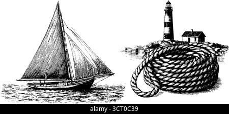 Thème d'aventure nautique avec voilier, corde et phare gravé ensemble d'illustration pour un décor vintage. Illustration de Vecteur