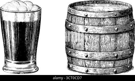 Ensemble d'illustration gravé vintage de pinte stout et mousse avec baril en bois. Illustration de Vecteur