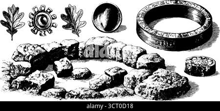 Ensemble d'illustrations gravées représentant le symbole triskelion et d'anciens artefacts. Illustration de Vecteur