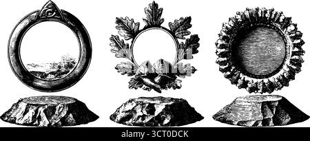 Ensemble d'illustrations gravées de symboles triskelion avec des motifs circulaires ornés pour un design rétro. Illustration de Vecteur