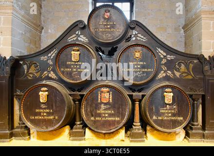 Fûts de sherry dédiés aux membres de la famille royale Roi Juan Carlos 1 Roi Felipe Gonzalez Byass bodegas Jerez de la Frontera Cádiz Andalousie Espagne Europe Banque D'Images