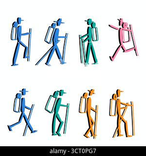 Ensemble icône minimaliste de randonnée et de trekking avec des silhouettes stickman de randonneurs, grimpeurs et routards en mouvement Banque D'Images