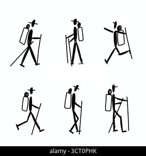 Ensemble icône minimaliste de randonnée et de trekking avec des silhouettes stickman de randonneurs, grimpeurs et routards en mouvement Banque D'Images