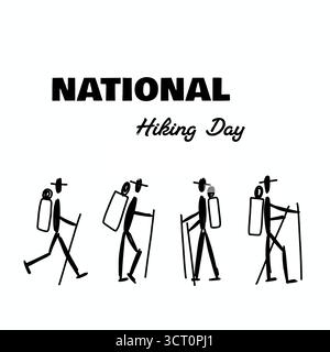 Ensemble icône minimaliste de randonnée et de trekking avec des silhouettes stickman de randonneurs, grimpeurs et routards en mouvement Banque D'Images