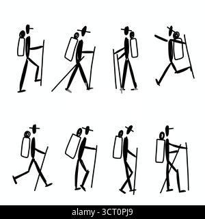 Ensemble icône minimaliste de randonnée et de trekking avec des silhouettes stickman de randonneurs, grimpeurs et routards en mouvement Banque D'Images