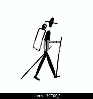 Ensemble icône minimaliste de randonnée et de trekking avec des silhouettes stickman de randonneurs, grimpeurs et routards en mouvement Banque D'Images