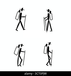 Ensemble icône minimaliste de randonnée et de trekking avec des silhouettes stickman de randonneurs, grimpeurs et routards en mouvement Banque D'Images