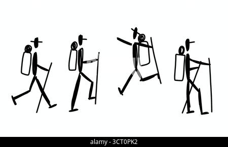 Ensemble icône minimaliste de randonnée et de trekking avec des silhouettes stickman de randonneurs, grimpeurs et routards en mouvement Banque D'Images