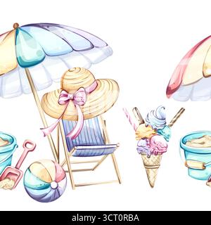Sunny Beach vibes fond d'écran sans couture motif avec parasols, crème glacée, chapeaux d'été, et jouets de plage dans un arrangement vibrant pour Illustration de Vecteur