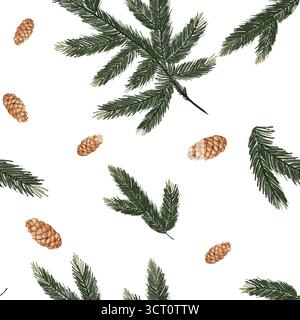 Modèle sans couture avec branches de sapin et pommes de pin brunes. Ornement de Noël pour papier d'emballage et cadeaux. Illustration d'aquarelle botanique, fond blanc Banque D'Images