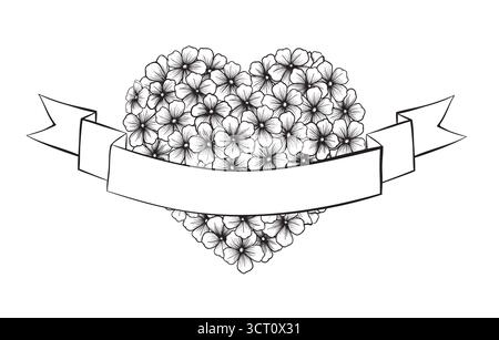 Fleurs de contour noir et blanc en forme de coeur. Illustration de Vecteur