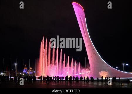 Sotchi, Russie - 20 janvier 2025 : chanter des fontaines musicales avec Bowl de l'oiseau de feu de flamme olympique à Sotchi la nuit, Parc olympique, Russie. sil humain Banque D'Images