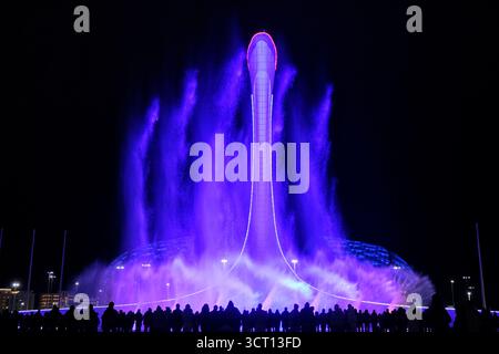 Sotchi, Russie - 20 janvier 2025 : chanter des fontaines musicales avec Bowl de l'oiseau de feu de flamme olympique à Sotchi la nuit, Parc olympique, Russie. Fisht Oly Banque D'Images