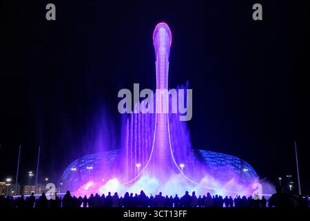Sotchi, Russie - 20 janvier 2025 : chanter des fontaines musicales avec Bowl de l'oiseau de feu de flamme olympique à Sotchi la nuit, Parc olympique, Russie. Fisht Oly Banque D'Images