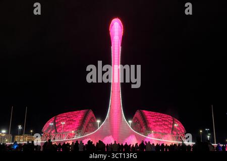 Sotchi, Russie - 20 janvier 2025 : chanter des fontaines musicales avec Bowl de l'oiseau de feu de flamme olympique à Sotchi la nuit, Parc olympique, Russie. Fisht Oly Banque D'Images