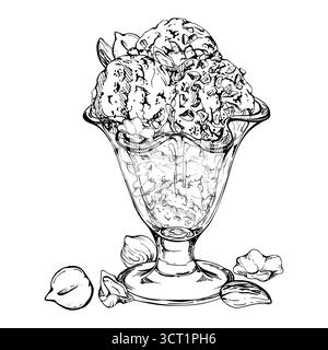Cuillère à glace avec garniture écrasée de noix assorties dans un élégant bol en verre tulipe sundae. illustration graphique dessinée à la main à l'encre vectorielle. Aromatisé aux fruits Illustration de Vecteur