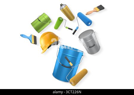 Assortiment de pinceaux, rouleaux, canettes et peinture en aérosol isolé sur fond blanc, concept de peinture et de rénovation Banque D'Images