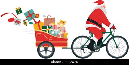 Joyeux Père Noël livrant des cadeaux de Noël sur une remorque de vélo, isolé sur fond blanc Illustration de Vecteur