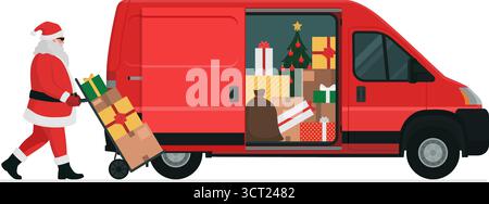 Père Noël chargeant un van et livrant des cadeaux de Noël, isolé sur fond blanc Illustration de Vecteur