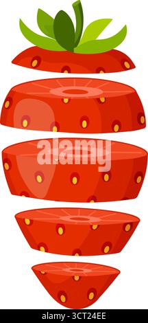 Fraise tranchée, séparée en plusieurs couches. Tranches de fraises fraîches volantes. Style plat dessiné à la main isolé. pour autocollants, menus, applications, affiches, design. Illustration vectorielle Illustration de Vecteur