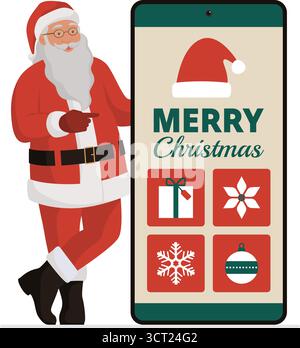 Joyeux Père Noël pointant vers un grand smartphone avec des souhaits de Noël sur l'écran Illustration de Vecteur