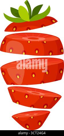 Fraise tranchée, séparée en plusieurs couches. Tranches de fraises fraîches volantes. Style plat dessiné à la main isolé. pour autocollants, menus, applications, affiches, design. Illustration vectorielle Illustration de Vecteur