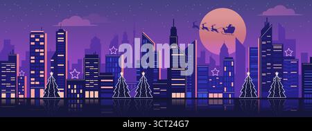 Fond de Noël futuriste vaporwave avec skyline de la ville et le Père Noël volant dans le ciel Illustration de Vecteur